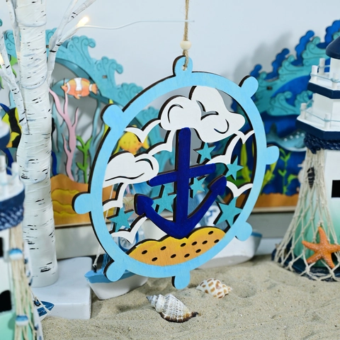 Decorazione Appesa in Legno Nautico Mediterraneo a Forma di Timone Ancora Faro Barca a Vela per Parete Casa Festa
