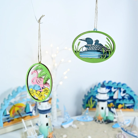 Mediterranean Nautical Wooden Hanging Sign Flamingo Loon Animal Laser Cut 3D Layered Summer Ocean Home Decor Pendant Ornament