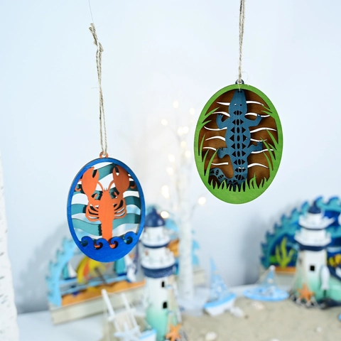 Mediterranean Nautical Ocean Theme Multi-layer Laser Cut Wooden Hanging Sign Lobster Lizard Kokopelli Home Wall Decor Ornament