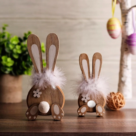 Decorazione da Tavolo Pasquale in Legno Con Coda di Pom-Pom di Piume Ornamento a Forma di Coniglio in Stile Nordico