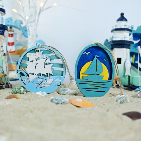 Mediterraner Stil Holz Nautische Hängedekoration 3D Schichtweise Segelboot Ozean Thema Wandkunst Für Zuhause Party Dekor