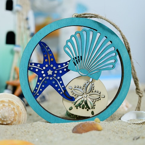 Mediterrane Houten Hangend Ornament Zeedieren Landschap Rond Lasersnijden Meerdere Lagen Buxushout Wanddecoratie Voor Thuis