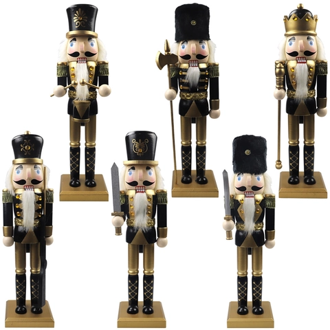 Schiaccianoci di Natale Soldato in Nero e Oro Ornamento Statuina Re in Legno di Pino Retro Arredamento Casa Decorazione da Tavolo
