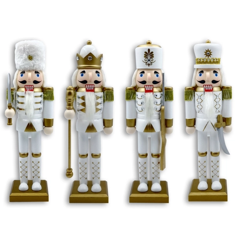 Weißgold Holz Nussknacker Soldat König Puppe Ornament Luxuriöse Weihnachtsdekoration Handgehaltene Waffe Strass Akzente Feiertag Tischstatuette