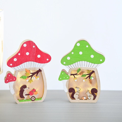 Rustieke Houten Paddenstoel LED Nachtlampje Bos Egel Eekhoorn Tafelornament Voor Dankzeggingsdag Woondecoratie