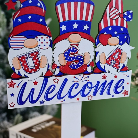 Gnomi di Benvenuto per il Giorno dell'Indipendenza degli USA Segnale da Giardino in Legno Stelle e Strisce Decorazione