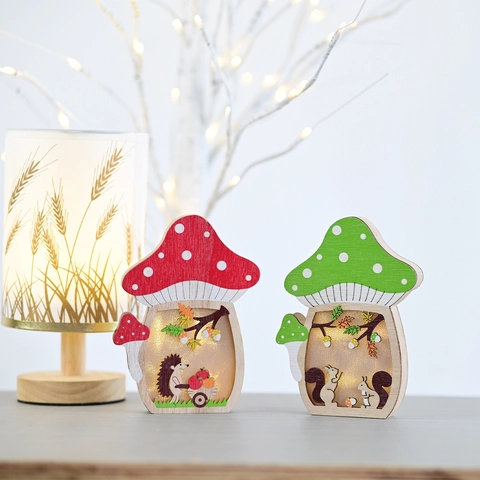Rustieke Houten Paddenstoel LED Nachtlampje Bos Egel Eekhoorn Tafelornament Voor Dankzeggingsdag Woondecoratie