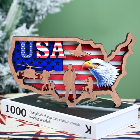 Independence Day Multilayer Carved Boxwood Desk Ornament USA Map Eagle Military Soldier Statue Red Truck Gnome Patriotic Home Decor