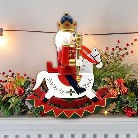 Soldat Casse-Noisette de Noël Traditionnel Sur Cheval à Bascule en Bois Peint à la Main Bois de Pin Ornement de Table
