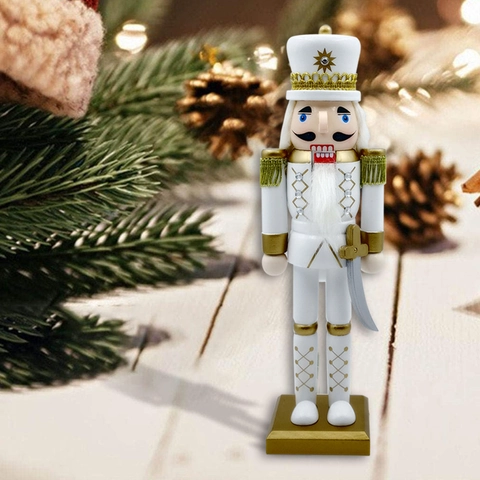 Weißgold Holz Nussknacker Soldat König Puppe Ornament Luxuriöse Weihnachtsdekoration Handgehaltene Waffe Strass Akzente Feiertag Tischstatuette