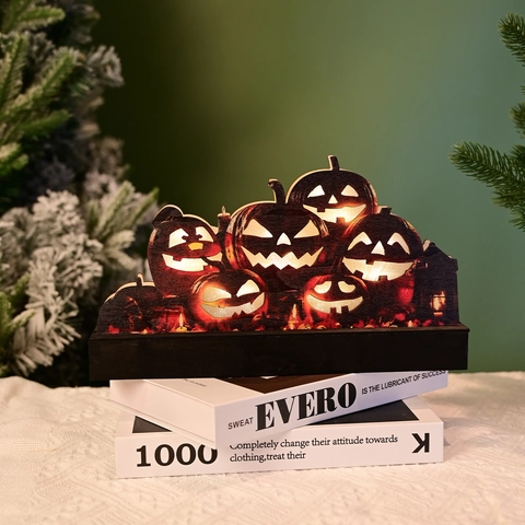 Linterna de Calabaza LED de Halloween de Madera de Boj Tallada Adorno de Escritorio para Decoración de Fiesta en el Hogar