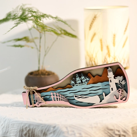 Mediterranean Nautical Style 3D Multi-Layer Wooden Ornament Laser Cut Sailboat Lighthouse Ocean Theme Home Desktop Decor