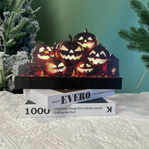 Linterna de Calabaza LED de Halloween de Madera de Boj Tallada Adorno de Escritorio para Decoración de Fiesta en el Hogar