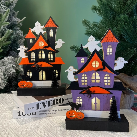 Décoration de Maison Hantée en Bois pour Halloween Avec Château de Fantômes Lumineux à LED pour Fête d'Halloween Décor de Table