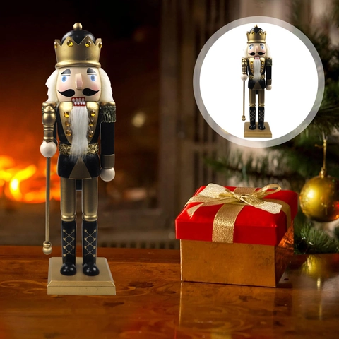 Schiaccianoci di Natale Soldato in Nero e Oro Ornamento Statuina Re in Legno di Pino Retro Arredamento Casa Decorazione da Tavolo