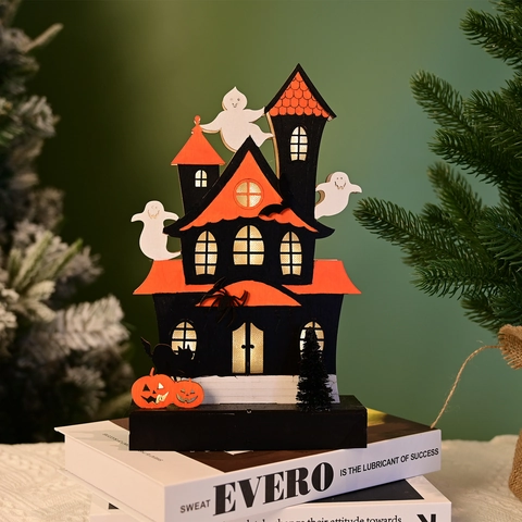 Décoration de Maison Hantée en Bois pour Halloween Avec Château de Fantômes Lumineux à LED pour Fête d'Halloween Décor de Table