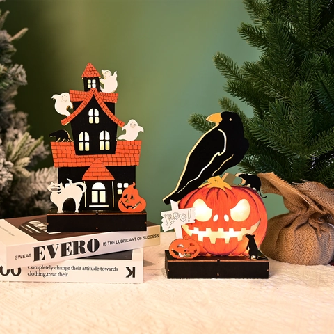 Decorazione di Halloween LED in Legno Casa Stregata Fantasma Zucca Corvo Gatto Scheletro Strega Ornamento da Scrivania Casa