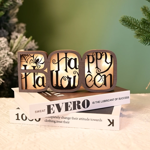Panneau Lettre BOO en Bois LED Halloween Décoration Table Happy Halloween Ajouré Toile Araignée Ornement Lumineux Fête