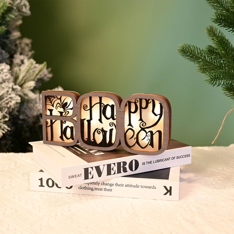Panneau Lettre BOO en Bois LED Halloween Décoration Table Happy Halloween Ajouré Toile Araignée Ornement Lumineux Fête