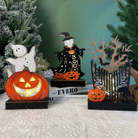 Decorazione di Halloween LED in Legno Casa Stregata Fantasma Zucca Corvo Gatto Scheletro Strega Ornamento da Scrivania Casa