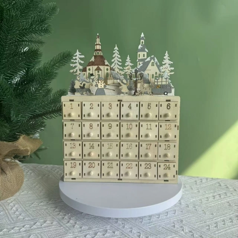 Calendario Avvento Natale in Legno Con 24 Cassetti LED Luce Calda Scena Villaggio Invernale Decorazione Conto alla Rovescia