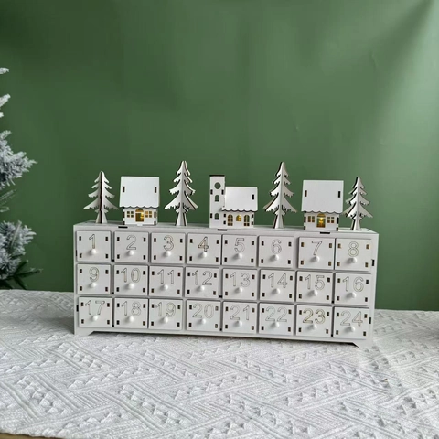 Calendario dell'Avvento Natalizio in Legno Con 24 Cassetti Luce LED Bianca Decorazione da Tavolo Calendario Natalizio