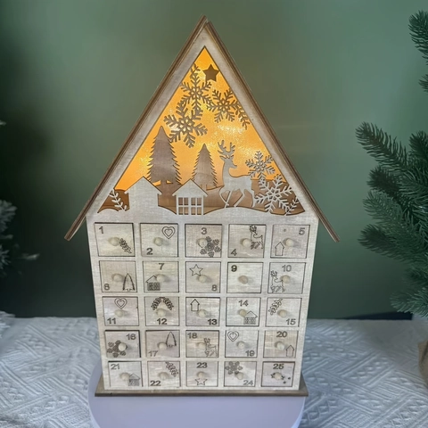 Maison de Calendrier de l'Avent de Noël en Bois Avec 25 Tiroirs LED Allumer Compte à Rebours de Noël Boîte de Rangement Décoration