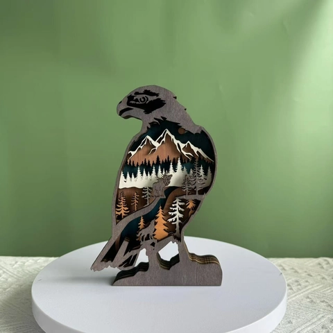 Ornement Sculpté en Bois d'Aigle à Couches 3D Sculpture d'Animal de Paysage Forestier Multicouche en Buis pour Décoration de Bureau Maison