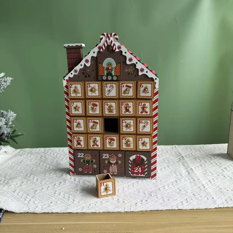 LED Holz Weihnachts Adventskalender Lebkuchenhaus Form Holz Countdown Kalender Schubladen Festive Haus Deko Ornament