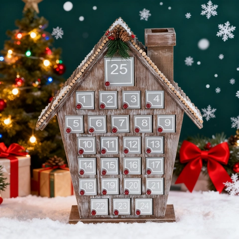 Calendario dell'Avvento di Natale in Legno a Forma di Casa Vintage Invecchiato Conto alla Rovescia Ornamenti Natalizi