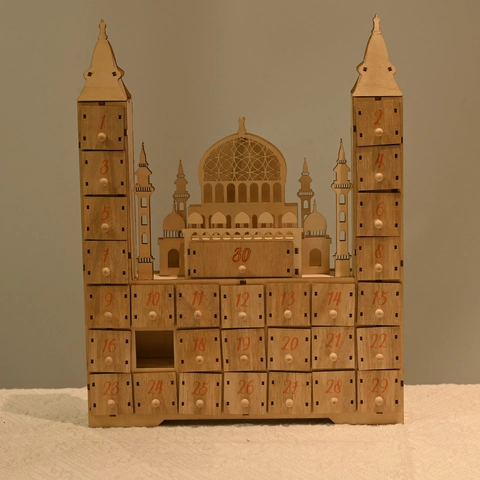 Calendrier de l'Avent Ramadan en Bois Avec 30 Tiroirs Forme de Mosquée Lumière LED Décoration de Table Islamique pour Maison
