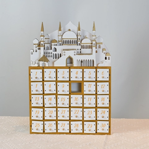 Calendario dell'Avvento in Legno Ramadan 30 Giorni Conto alla Rovescia Cassetti Luce LED Architettura Moschea Regali Musulmani