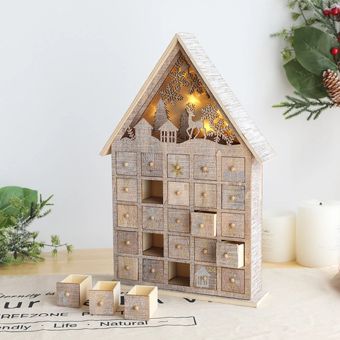 Maison de Calendrier de l'Avent de Noël en Bois Avec 25 Tiroirs LED Allumer Compte à Rebours de Noël Boîte de Rangement Décoration