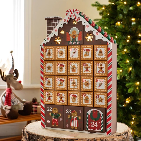 LED Holz Weihnachts Adventskalender Lebkuchenhaus Form Holz Countdown Kalender Schubladen Festive Haus Deko Ornament