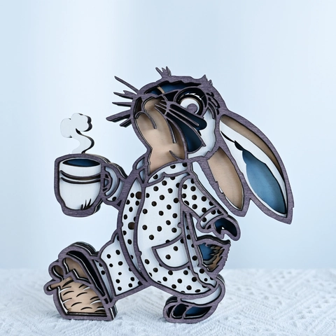 Ornement Lapin en Bois 3D Superposé Buis Découpe Laser Décoration de Table Pâques Bunny Pyjama à Pois Scène de Café Figurine