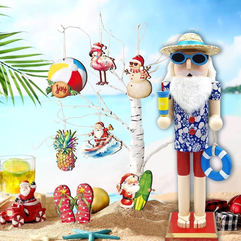 Tropischer Strand Holz Weihnachtsmann Nussknacker Mit Surfbrett Strohhut Hawaiihemd Weihnachten Im Juli Ornament Party Deko