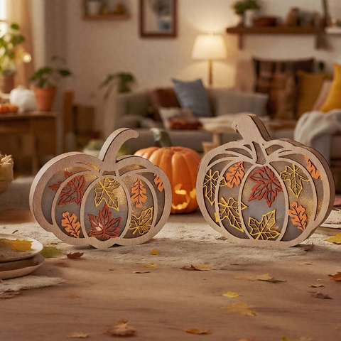 Luz Nocturna LED de Calabaza de Madera Decoración de Acción de Gracias Otoño Hoja de Arce Hueca Adorno para Hogar Escritorio Fiesta