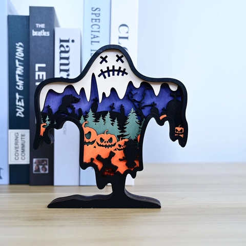 Halloween Mehrlagig Holz Gespenst Kürbis Ornament Laserschnitt 3D Holzgeschnitzt Skulptur Für Home Desktop Deko Geschenk