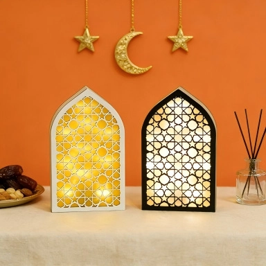 Ornamento LED in Legno Ramadan Eid Mubarak Stella Traforata Arco Luce Notturna Desktop per Casa Festa Islamica Regalo Decorazione