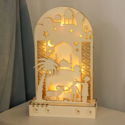 Luz Nocturna LED de Madera de Ramadán Patrón de Mezquita Luna Estrella Corte Láser Lámpara Decorativa Eid Mubarak
