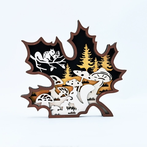 Sculpture sur Bois 3D Multi-Couches Scène de Forêt Ornement pour Action de Grâce Décor d'Automne Feuille d'Érable Écureuil Citrouille