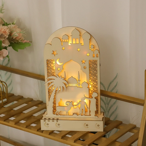 Luce Notturna LED in Legno per Ramadan Moschea Luna Stella Taglio Laser Eid Mubarak Lampada Decorativa per Camera da Letto