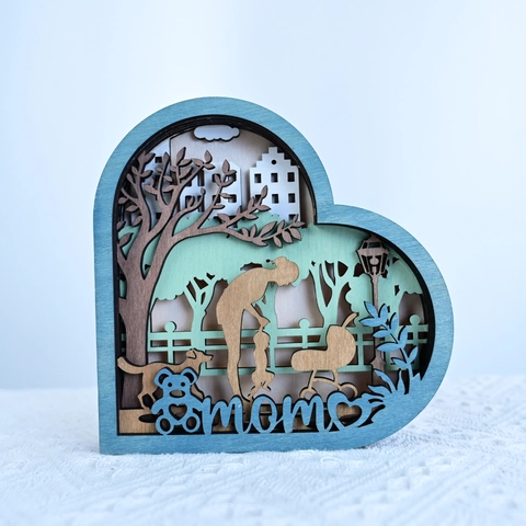 Corazón de Madera del Día de la Madre Talla 3D Multicapa Adorno Escritorio Madera de Boj Escena Familiar Regalo Mamá Decoración Hogar