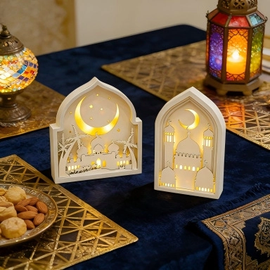 Eid Mubarak Ramadan LED Holz Ornament Hohl Moschee Mond Stern Torbogen Tisch Dekoration Home Festival Religiöses Geschenk