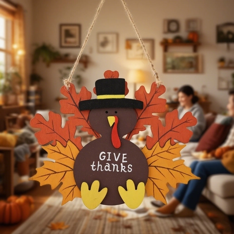 Adorno Colgante de Pavo de Madera para Acción de Gracias Letrero Give Thanks Con Hojas de Arce para Decoración de Pared y Puerta