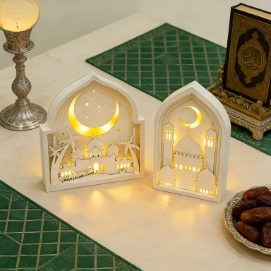 Eid Mubarak Ramadan LED Holz Ornament Hohl Moschee Mond Stern Torbogen Tisch Dekoration Home Festival Religiöses Geschenk
