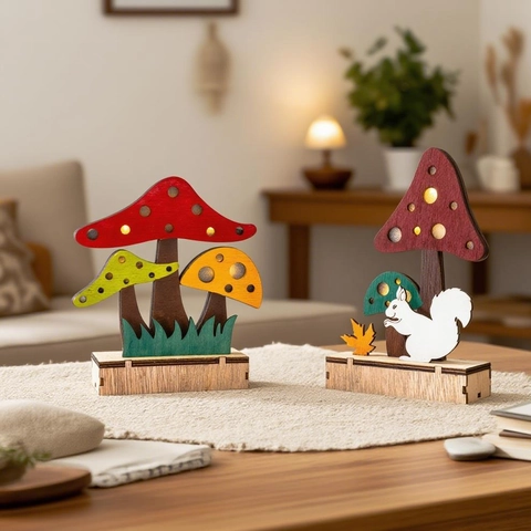 Hölzernes Pilz Eichhörnchen LED Licht Wald Deko Erntedankfest Herbstfest Schreibtisch Ornament Zuhause Geschenk
