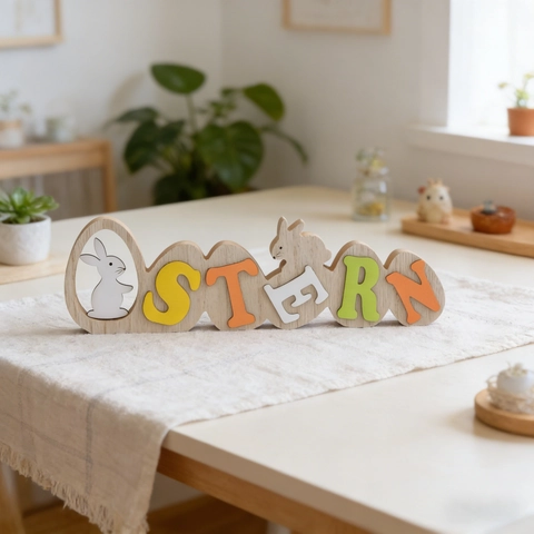 Decorazione Pasquale in Legno Lettere Ostern Motivo Coniglio Uovo Ornamento da Tavolo per Festa di Primavera Casa Regali