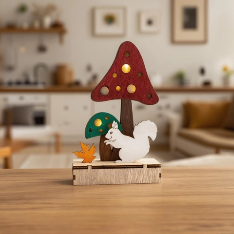 Hölzernes Pilz Eichhörnchen LED Licht Wald Deko Erntedankfest Herbstfest Schreibtisch Ornament Zuhause Geschenk