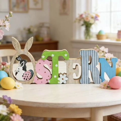 Decorazione Pasquale in Legno Lettere Ostern Motivo Coniglio Uovo Ornamento da Tavolo per Festa di Primavera Casa Regali